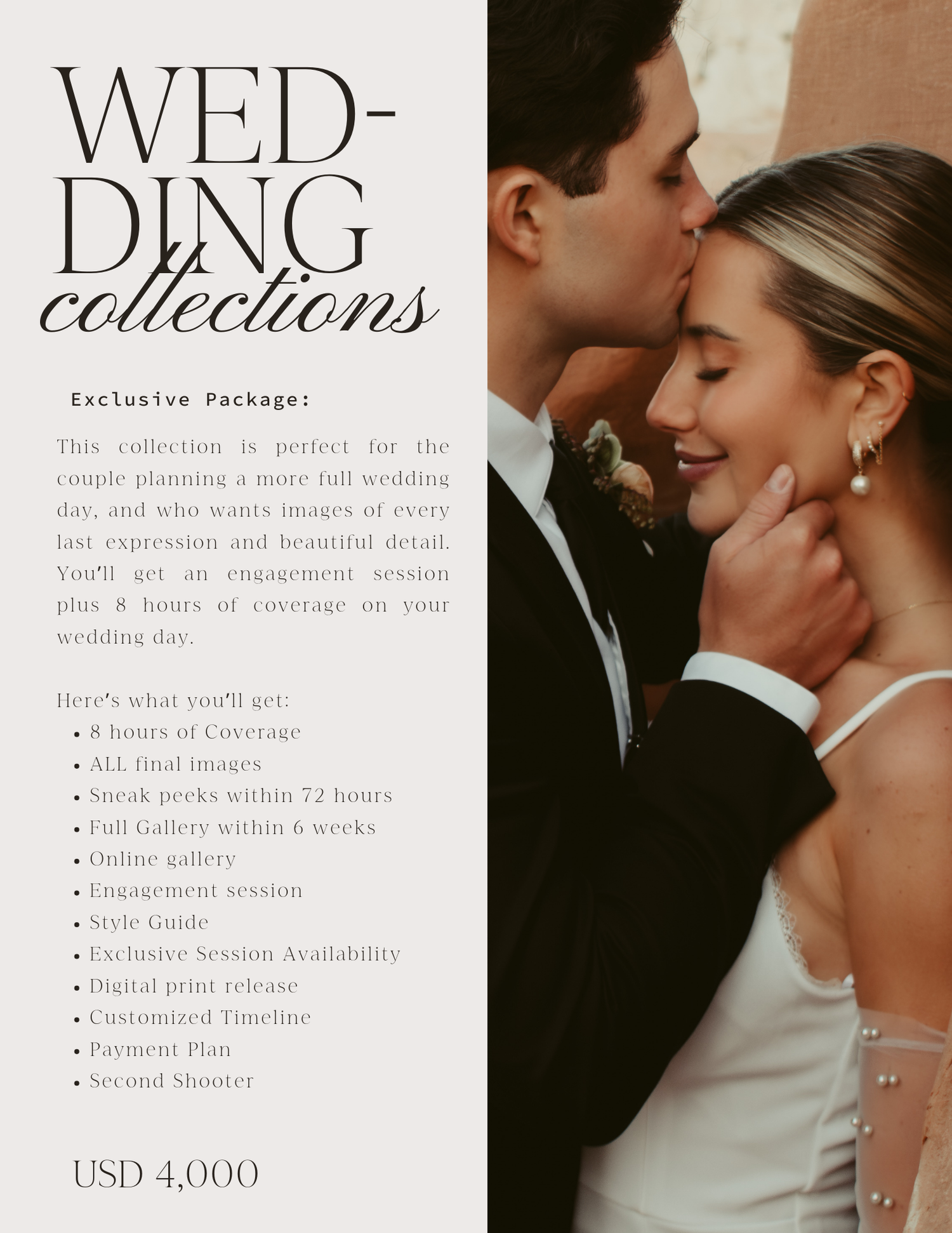 Wedding photography package pricing and details displayed on marketing collateral.