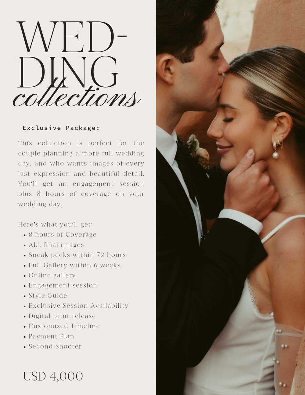 Wedding photography package pricing and details displayed on marketing collateral.