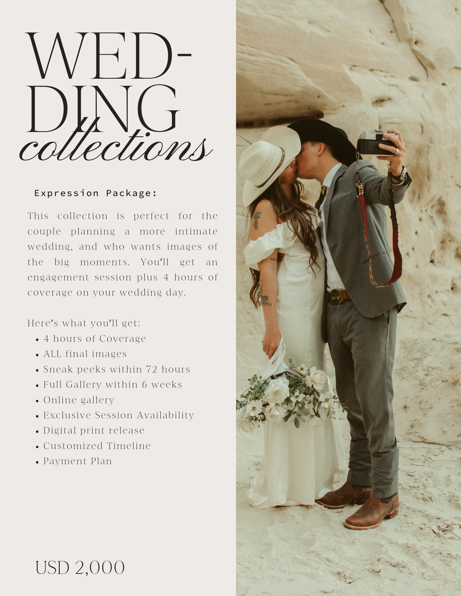 Wedding photography package details and pricing displayed with desert landscape photos.
