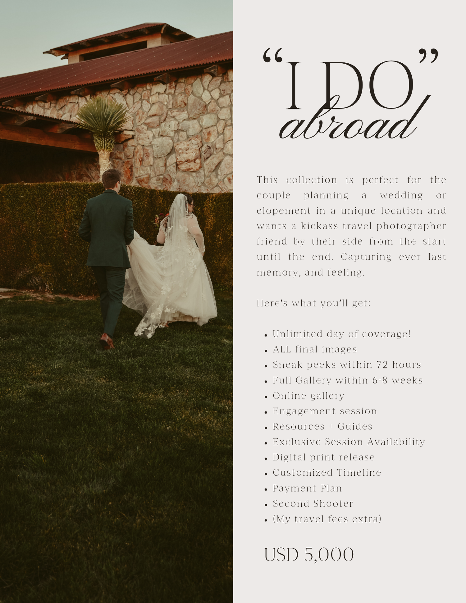 Wedding photography pricing and package details displayed on elegant paper with rustic stone wall background.