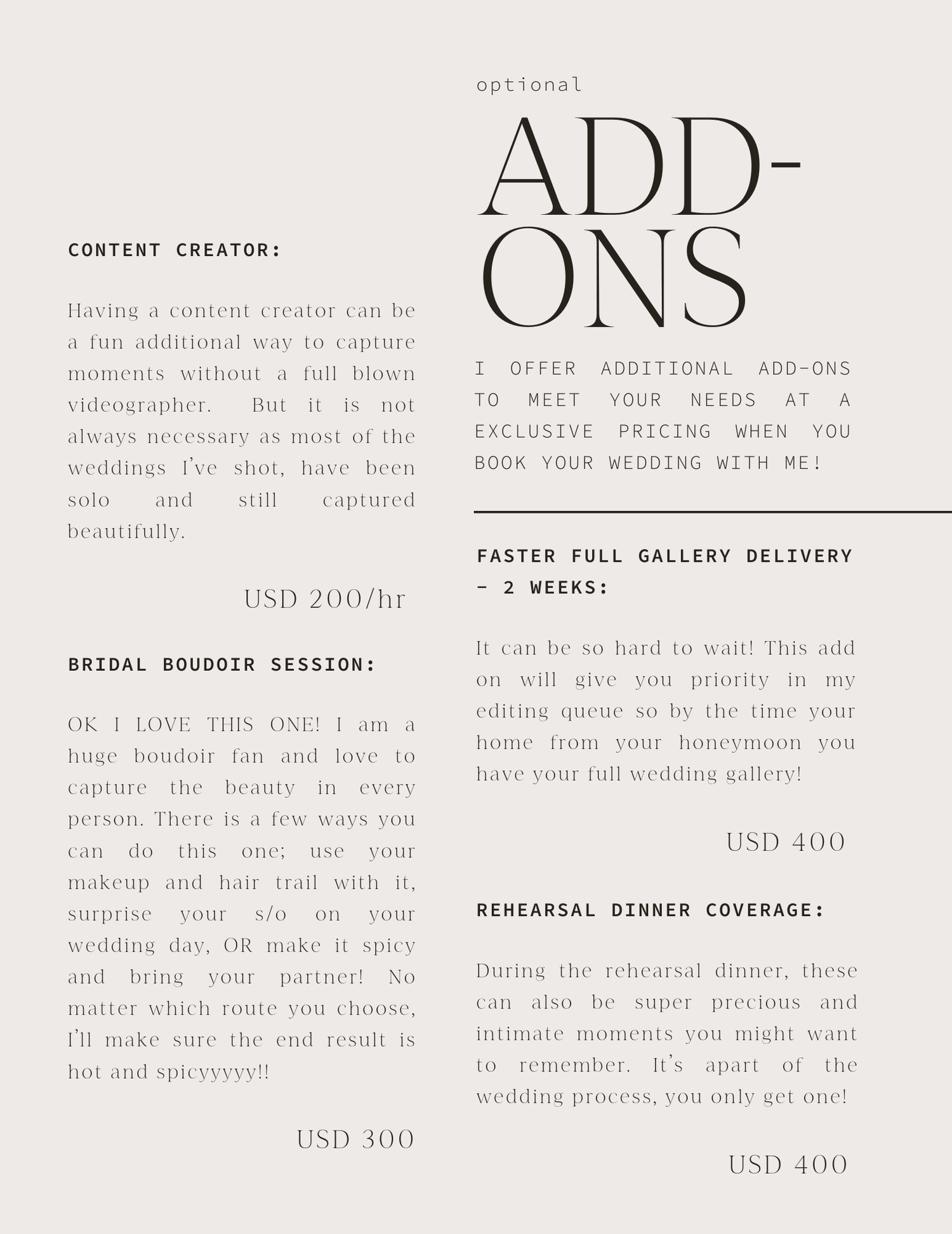 Clean and minimalist pricing table showing wedding photography packages with text in black and white design.