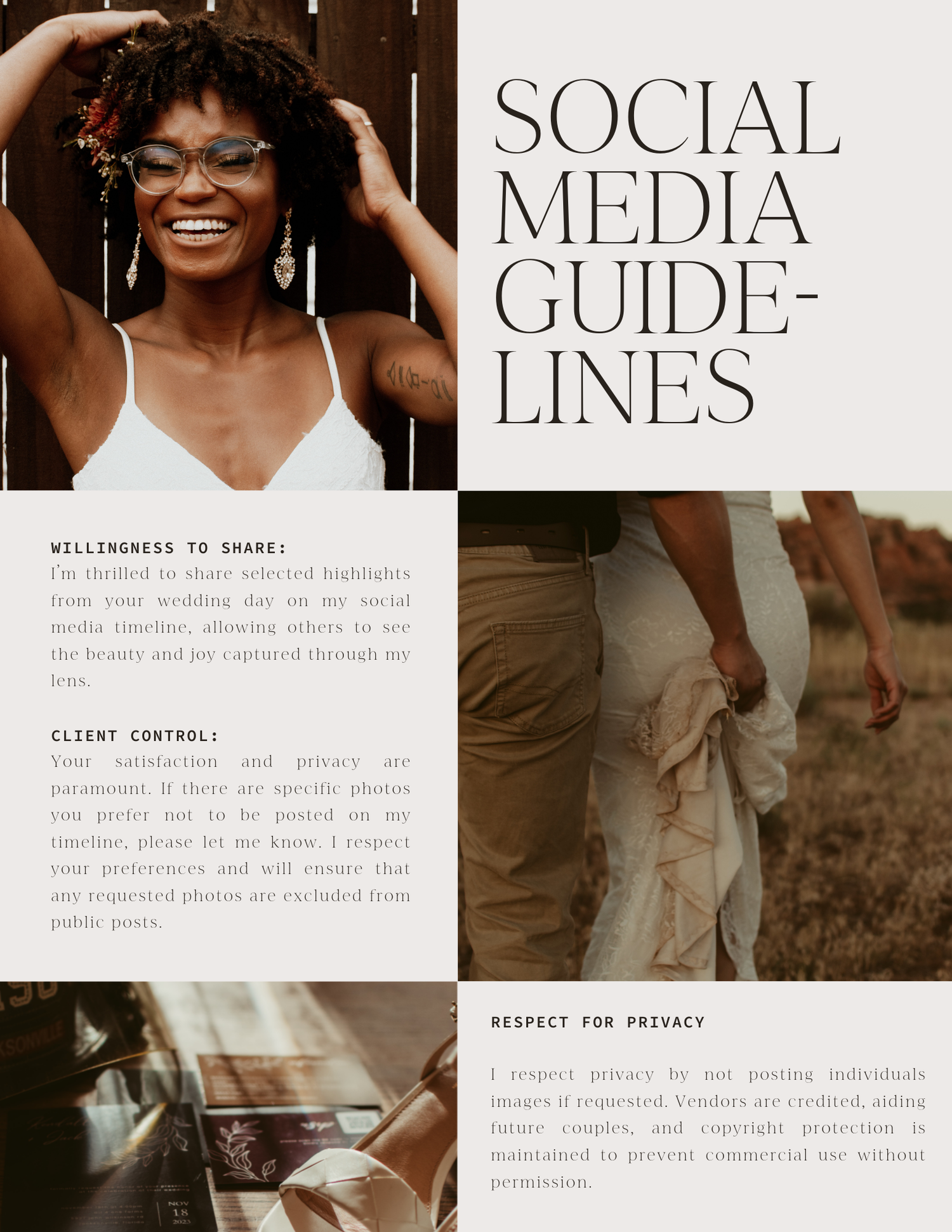 A collage of warm-toned social media guidelines template pages with text and lifestyle photography.
