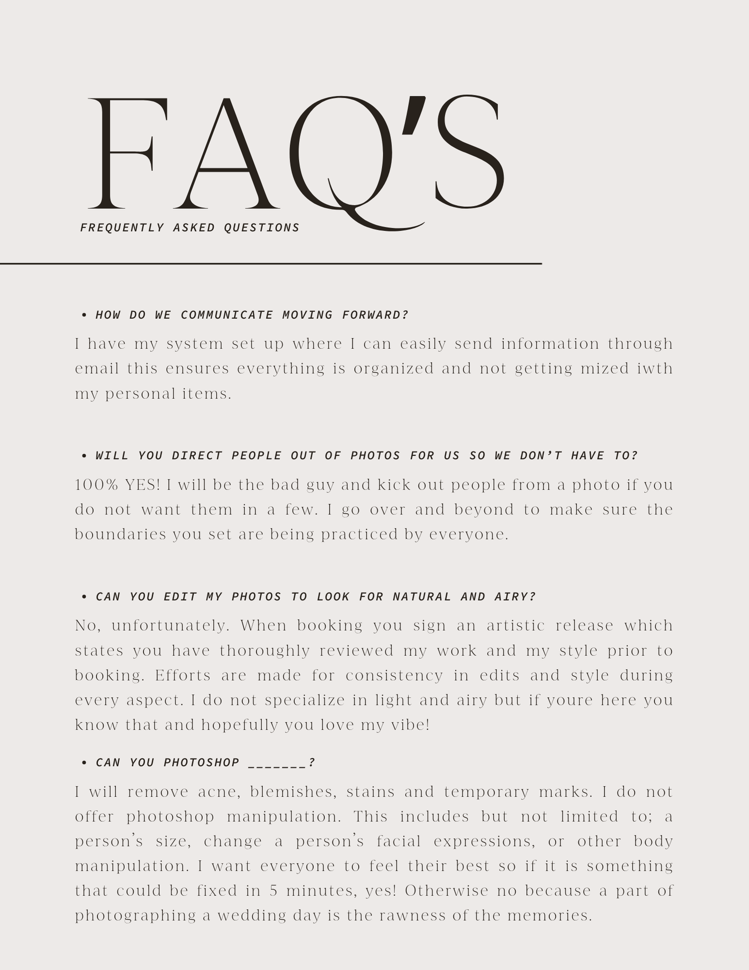 Professional photography FAQ document page showing text about photo delivery and session information.