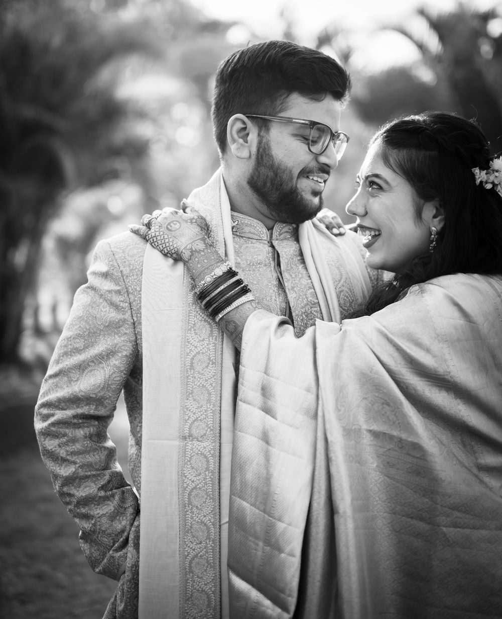 A lovely black and white portrait of the bride and groom at their multi cultural wedding at Orchid hotel, Pune