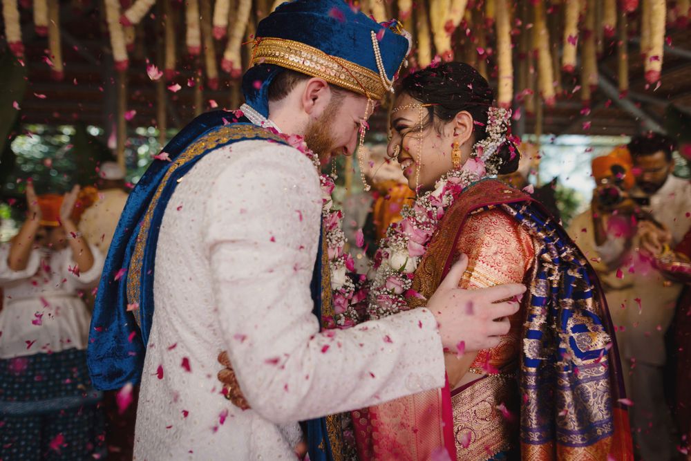 Emotional moment of bride groom right after the garland exchange during a maharashtrian wedding