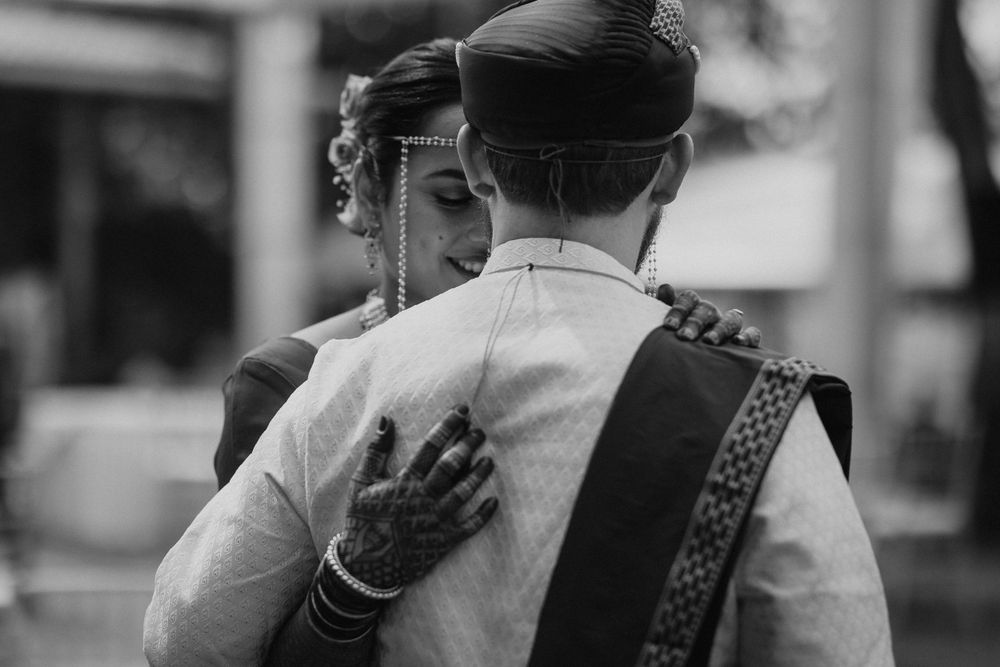 A black and white portrait of a maharashtrian couple