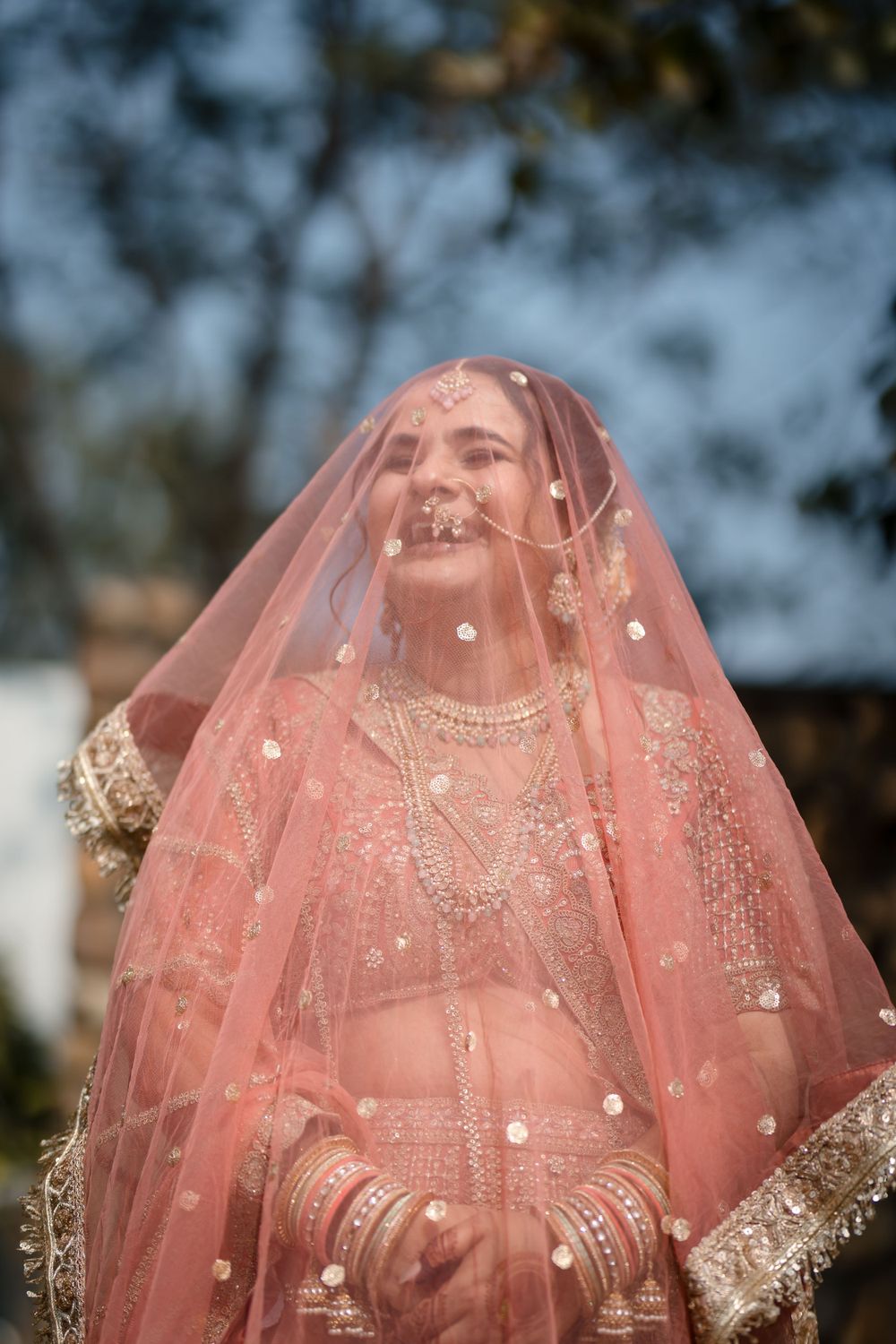 A beautiful, sunny bridal portrait in her veil at an indian wedding.