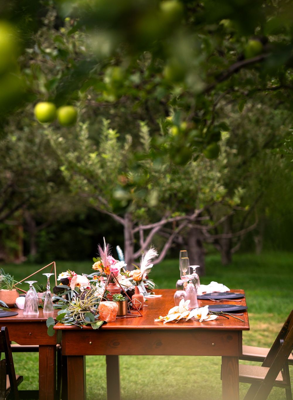 Elegant outdoor dining table with floral centerpiece set under lush apple trees in a garden setting.