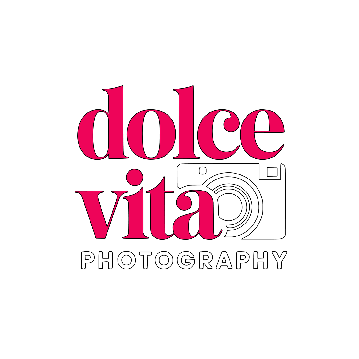 Dolce Vita Photography logo featuring bold pink script text and a camera illustration on a white background.