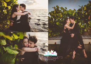 Romantic beach photoshoot with couple against sunset and ocean waves.