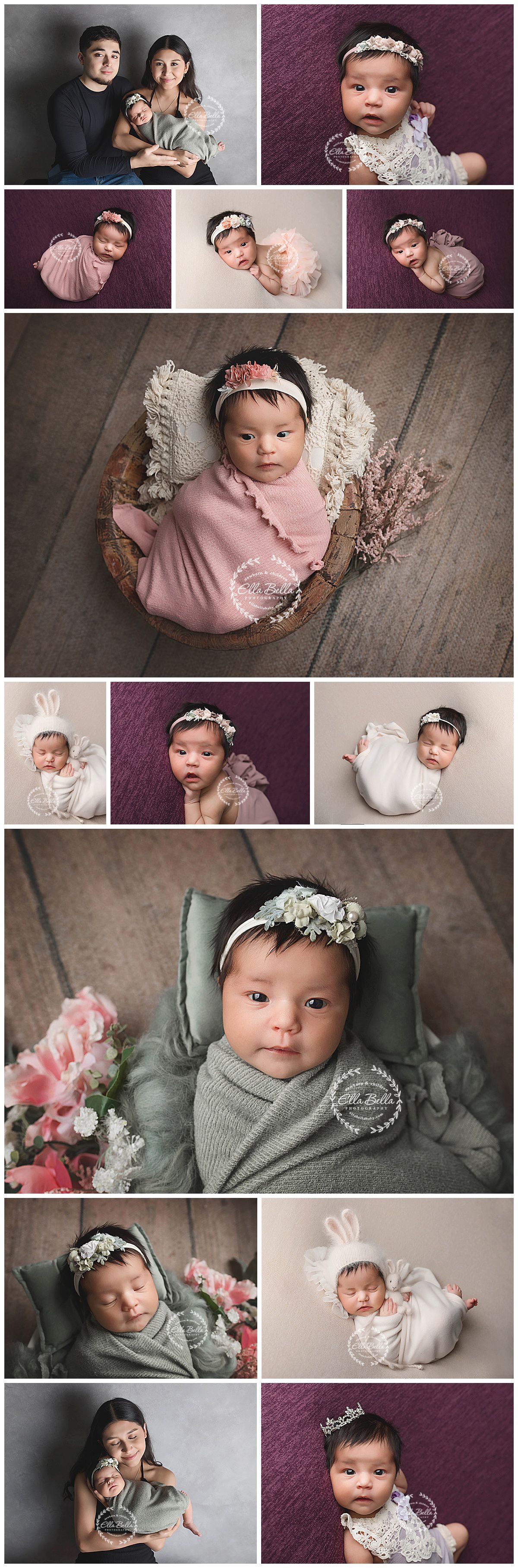 Studio newborn photo session with floral headpieces and soft pink and gray color palette.