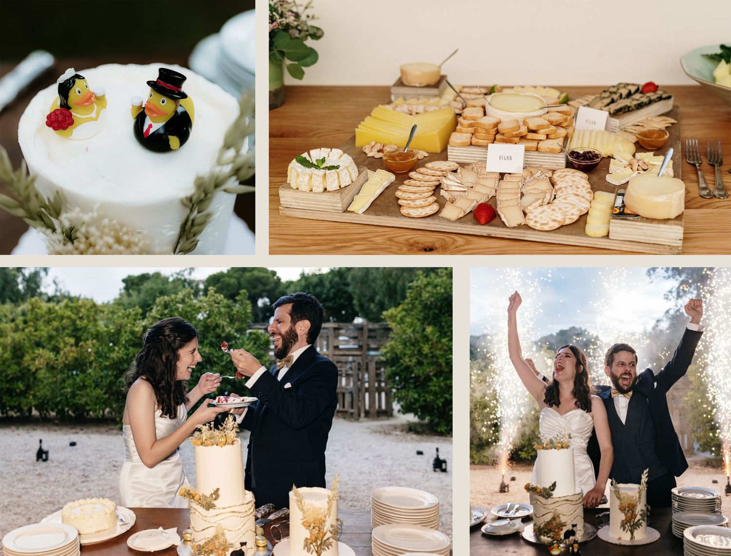 A collage of wedding celebration moments featuring cake cutting, cheese board displays at Espaço do Caiado, Almada