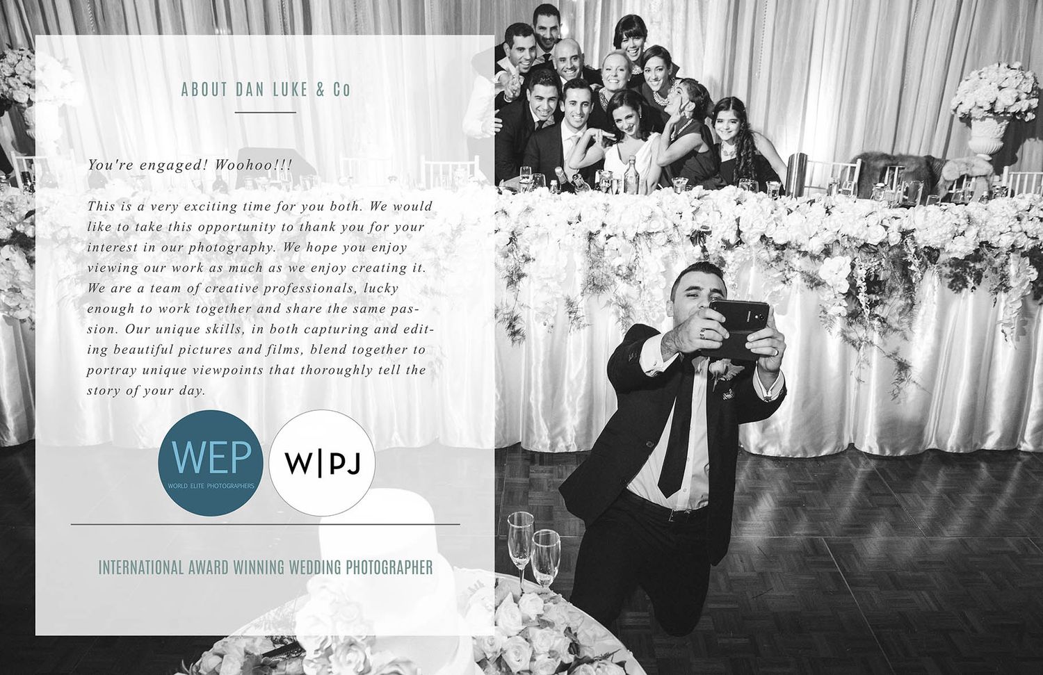 Wedding photography website layout featuring black and white dance floor moments.