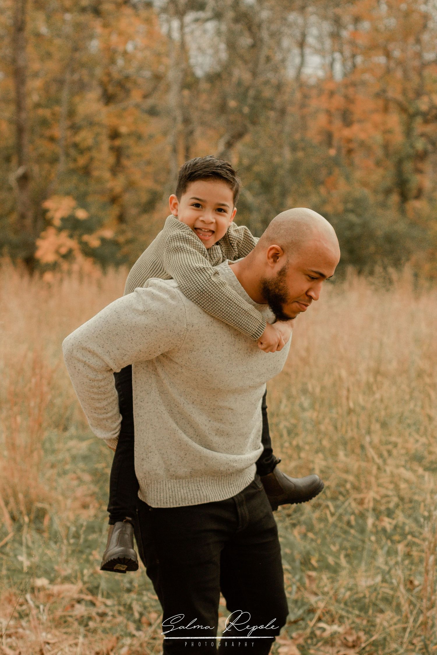 A playful sequence of photos showing a heartwarming piggyback ride moment in an autumn field.