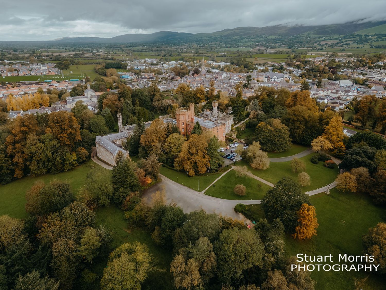 Aerial view of Ruthin Castle in the North Wales countryside. Stuart Morris Photography.