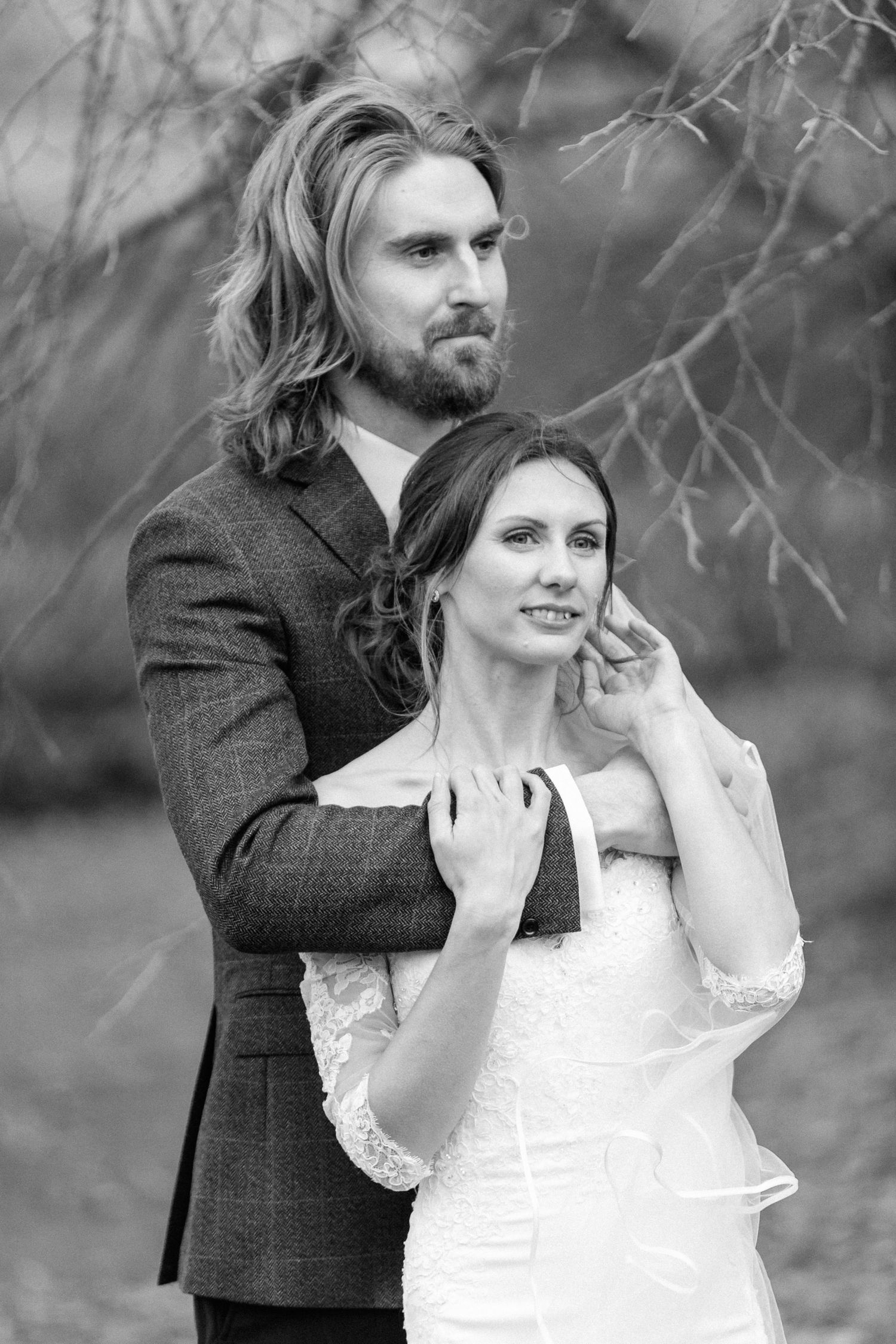 Formal portraits of the wedding couple during their winter wedding in the Brecon Beacons in Wales.