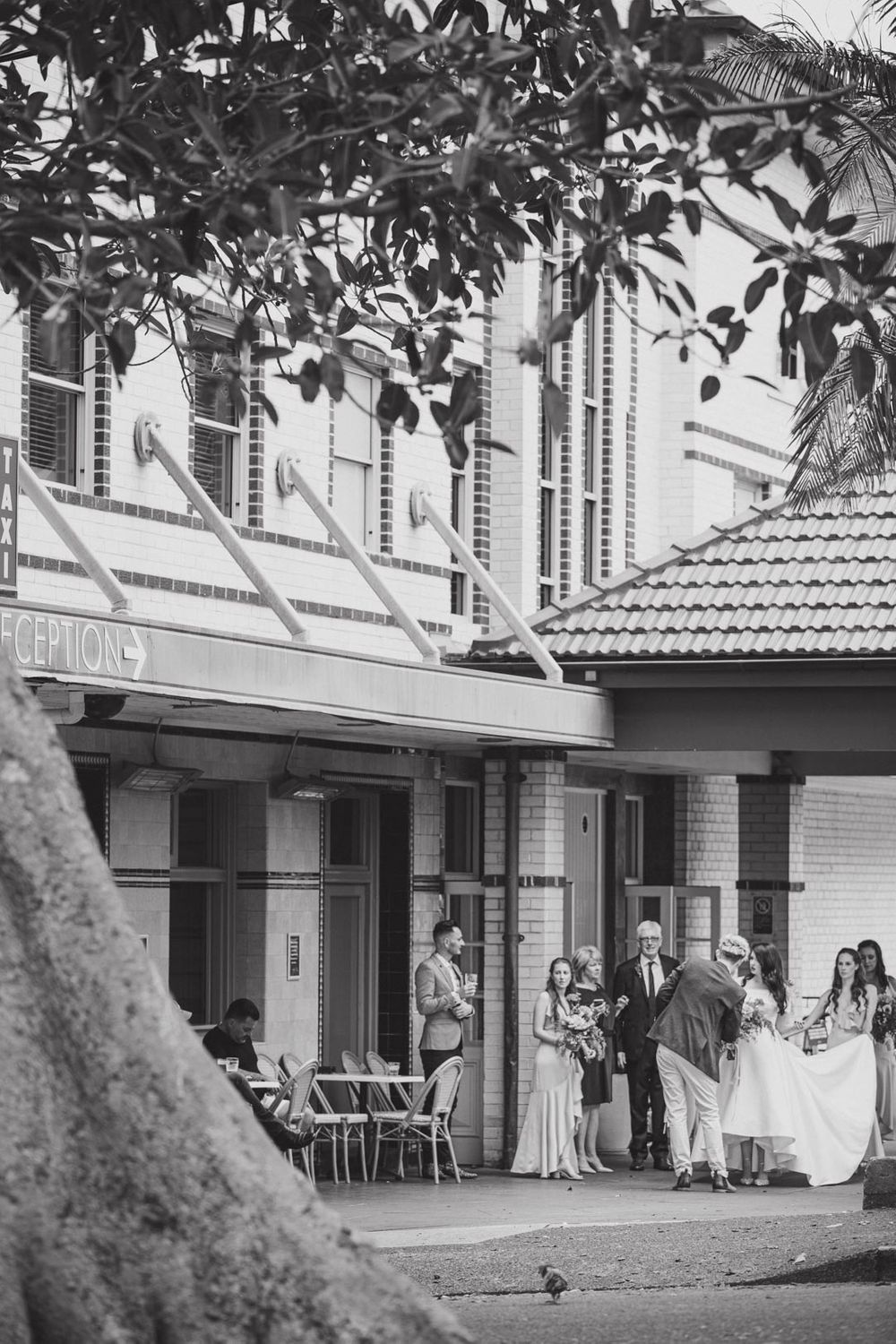 Black and white exterior shot of a colonial style building with palm trees.