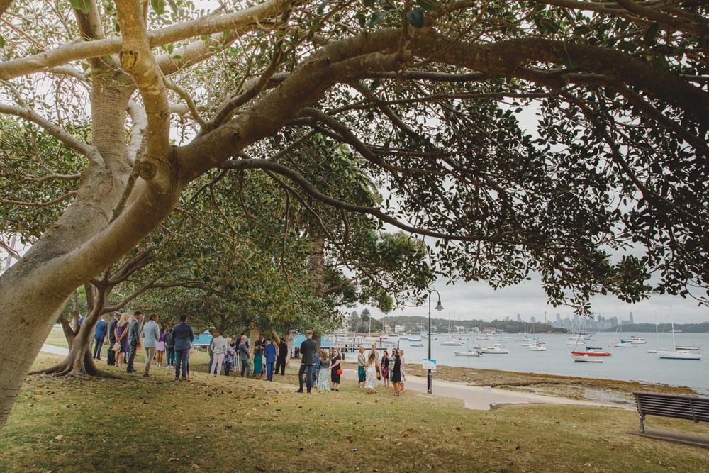 Wedding ceremony setup under large trees overlooking waterfront.