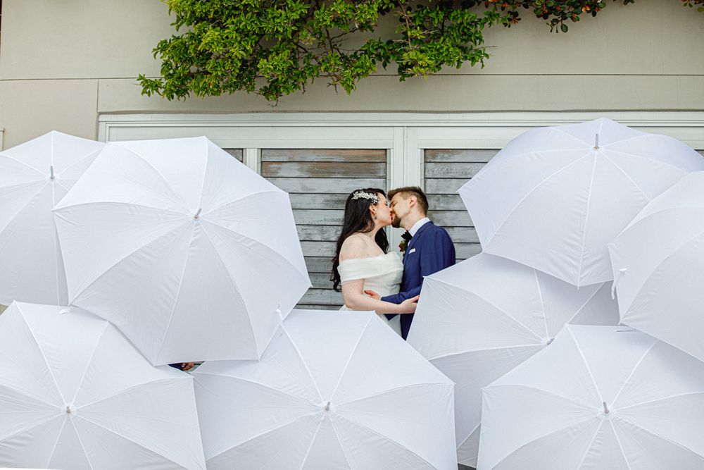 Wedding party holding white umbrellas in a choreographed outdoor photo sequence.