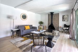 Contemporary living room with minimalist decor featuring grey sofa, wood stove, and light hardwood floors.