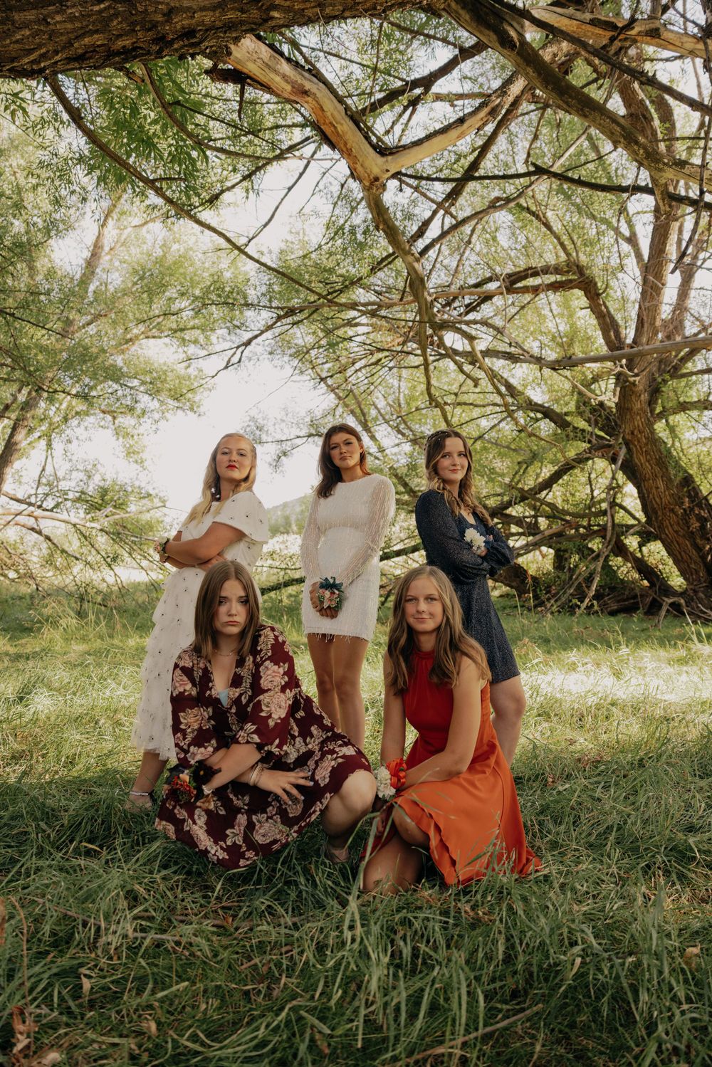 Five women in casual dresses pose together under a large tree in a natural outdoor setting.