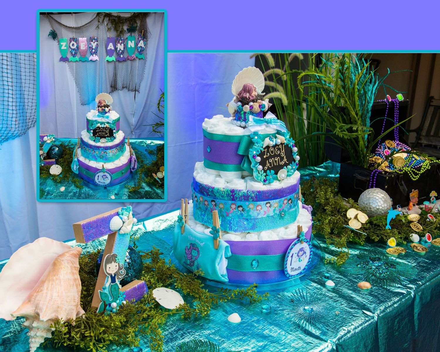 Elegant party decorations in turquoise and purple with themed cake displays and table settings.