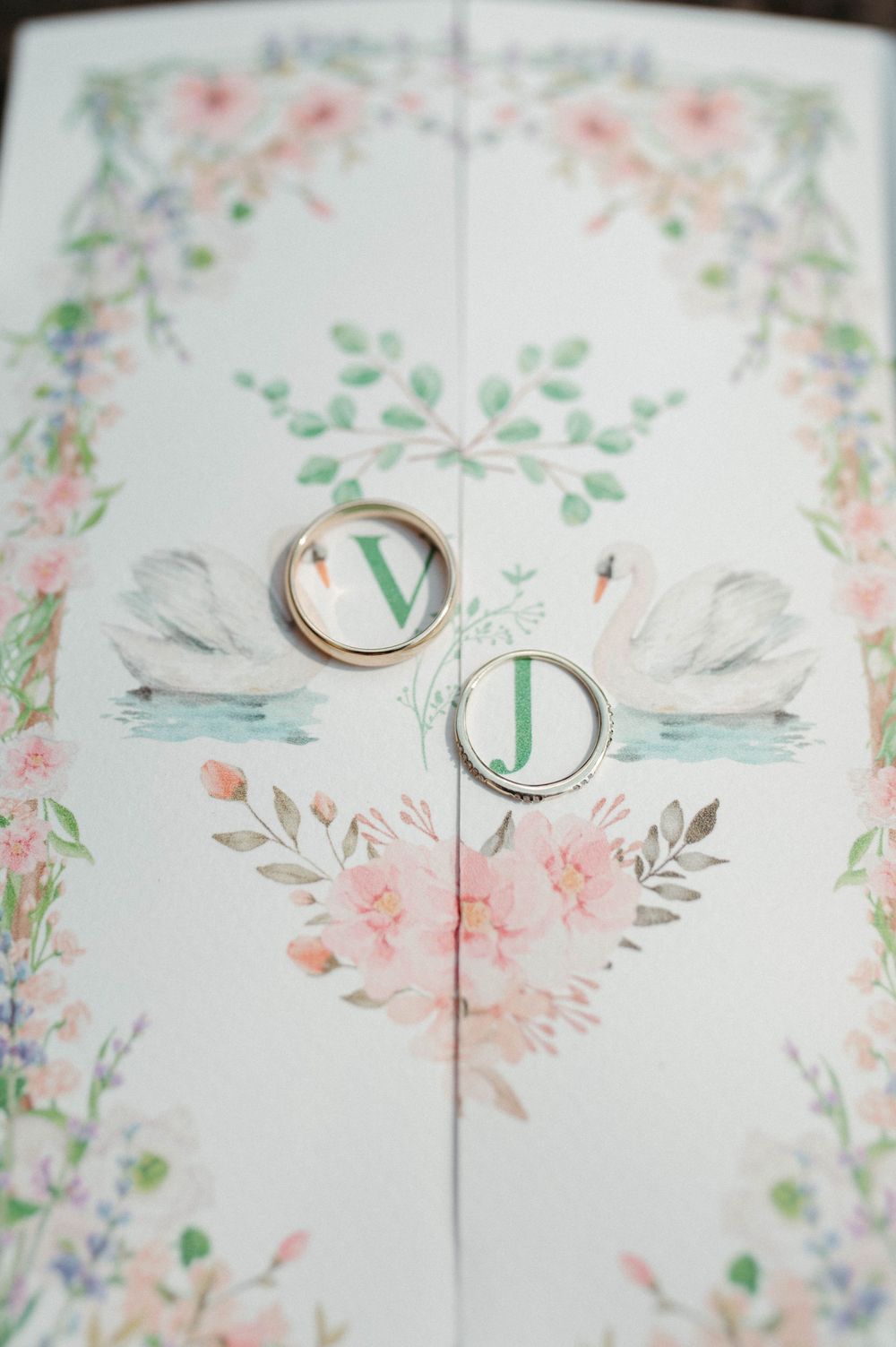 Wedding rings placed on a delicate invitation featuring watercolor swans and floral designs.