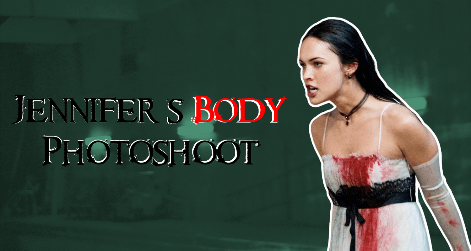 Fantasy photoshoot featuring a figure in a black and white dress with red accents against a dark green background.