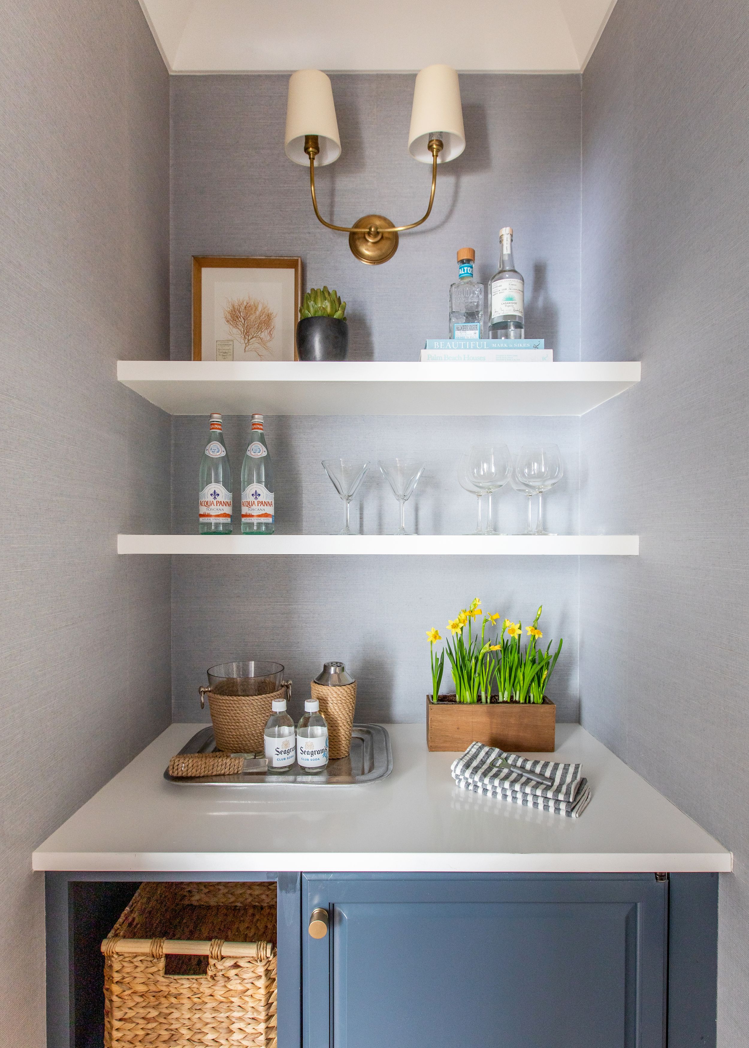 High end modern coastal minibar with Phillip Jeffries wall paper