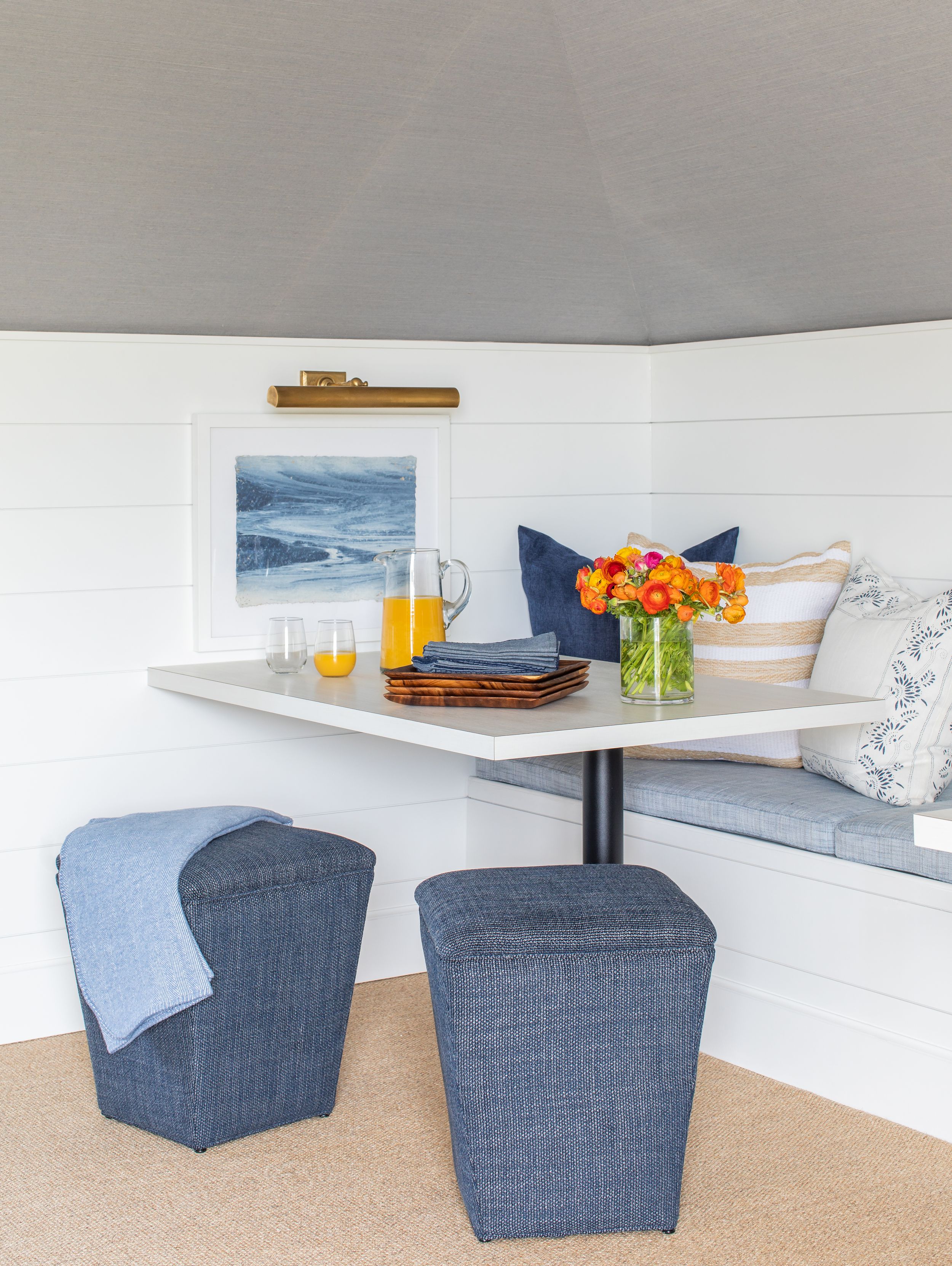 Blue and white, coastal nook in luxury family room.