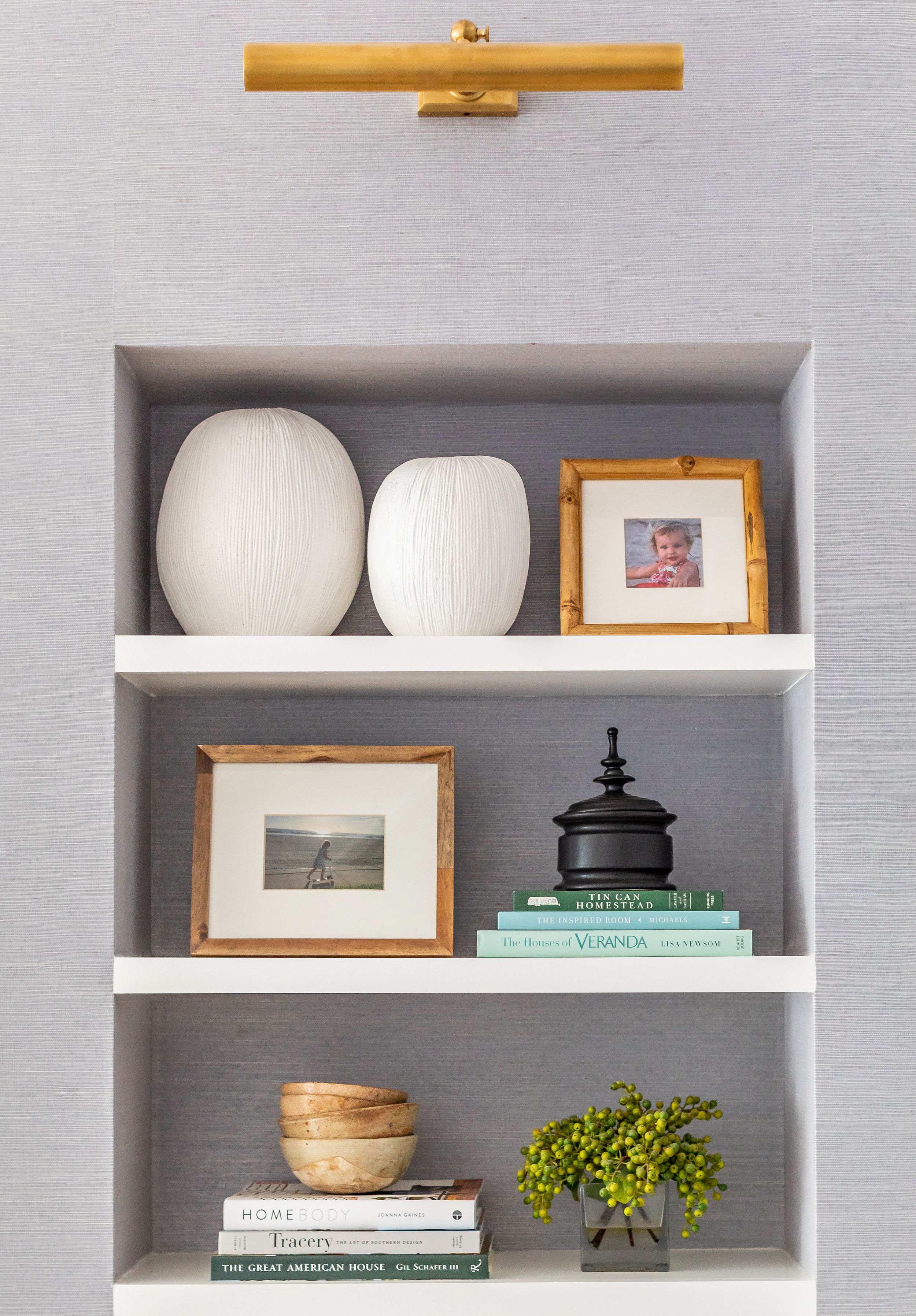 Custom built shelves in coastal living room