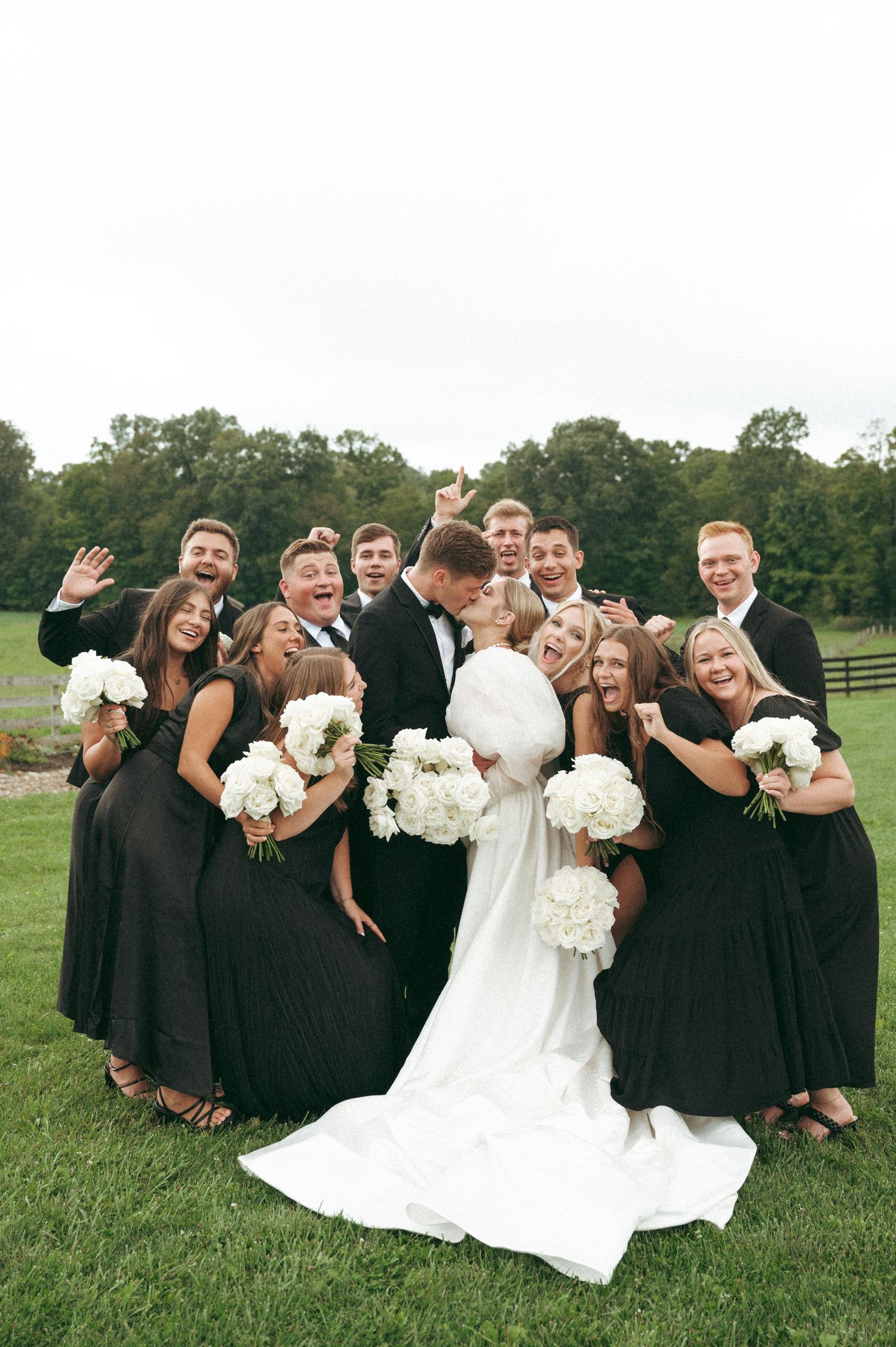 A wedding party in black and white attire poses together on a green lawn.