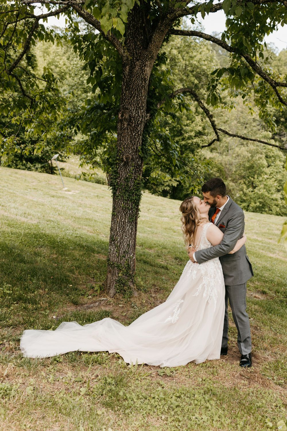 Bride and groom share a romantic kiss under a large tree on a grassy hillside during wedding portraits.