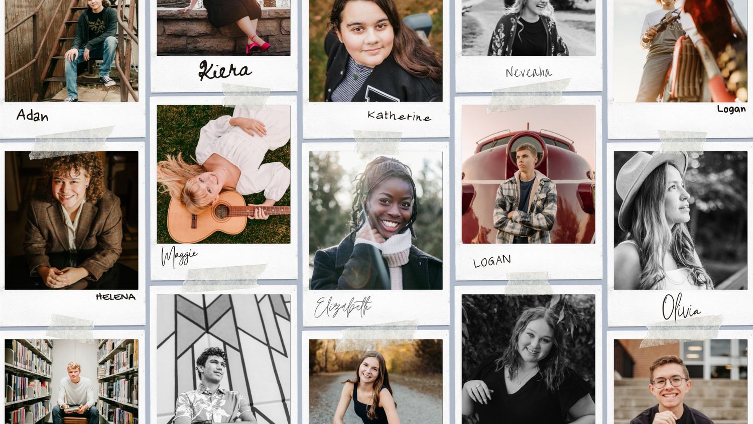 A collage grid of professional portrait photography shots arranged in a mosaic pattern.