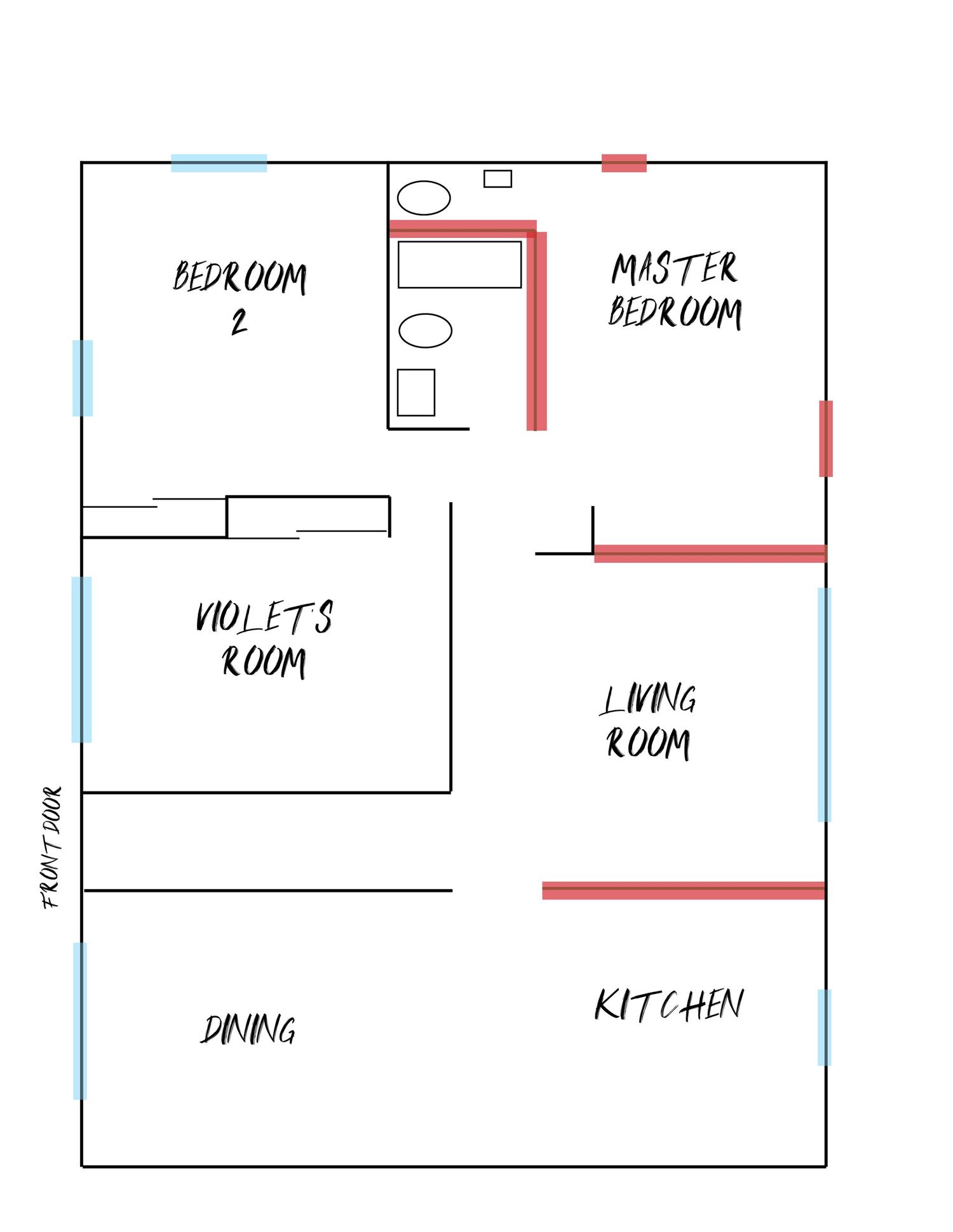 Floor plan diagram with red lines indicating proposed wall modifications for home renovation.