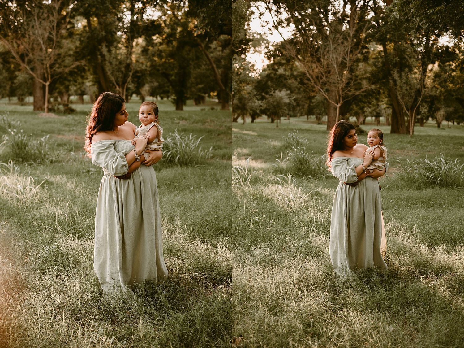 Two side-by-side photos of a woman in a flowy dress holding a baby in a sunlit meadow.