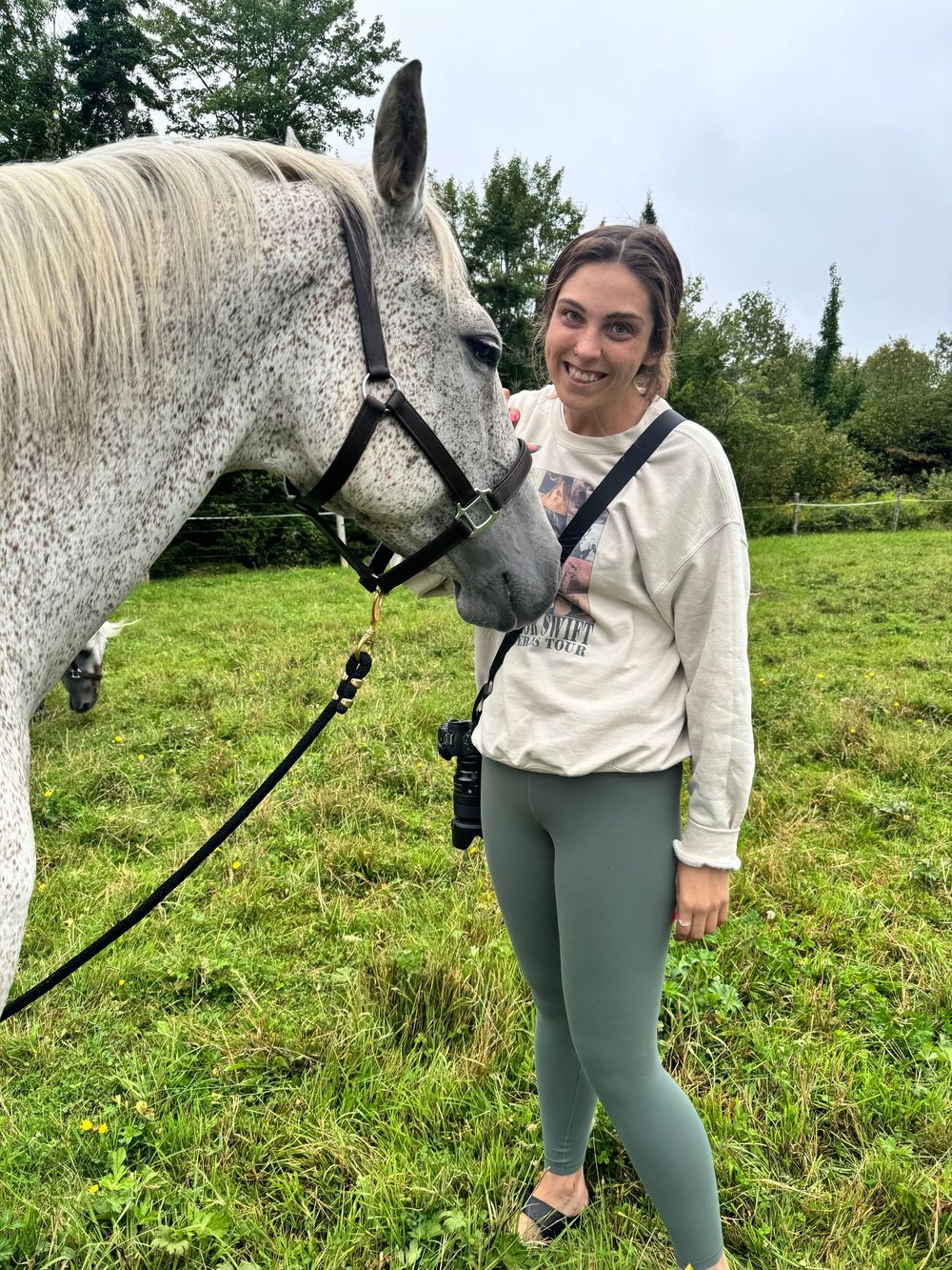 Person in gray leggings and white sweater interacting with a dappled gray horse in a grassy field.