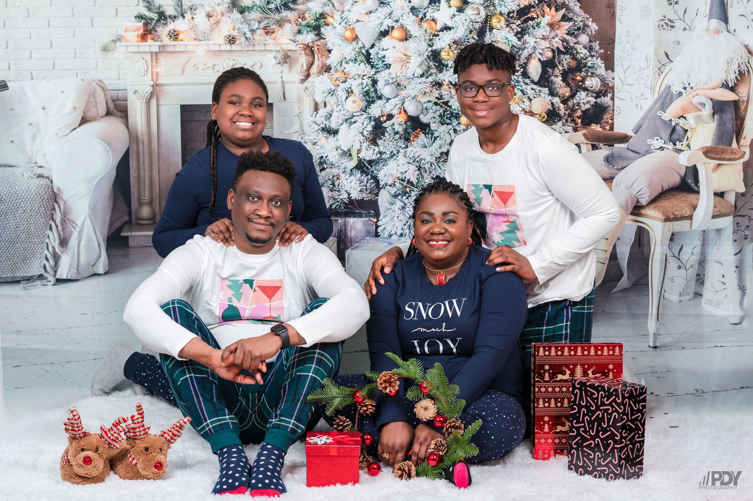Holiday family portraits with Christmas decorations and wrapped gifts.