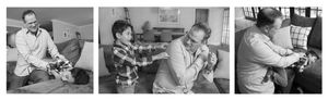 Black and white triptych of a man and boy sharing a joyful moment, playing and bonding together indoors on a sofa.