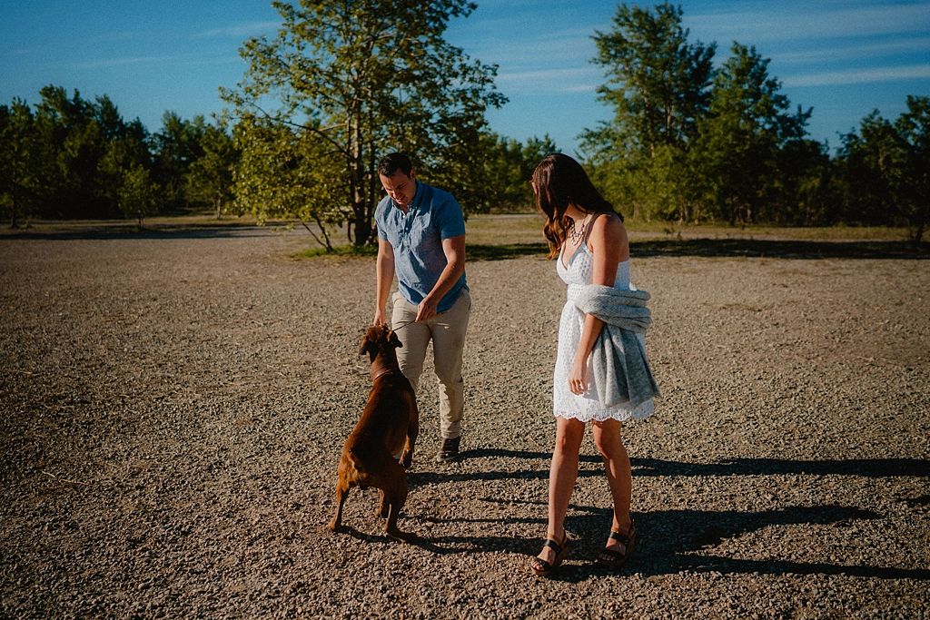 Couple walking with a dog on a gravel path during a sunny day.