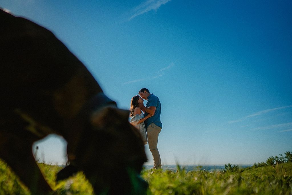 A romantic moment captured on a grassy hillside with a dog's silhouette in the foreground.