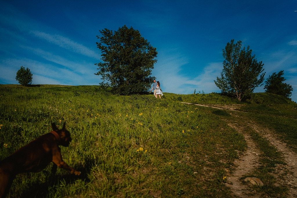 A scenic hilltop path with silhouetted figures and trees against a vibrant blue sky.
