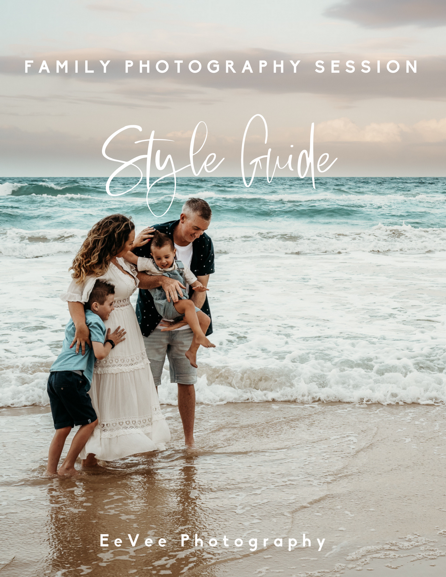 Family photography style guide cover showing beach scene with waves and sunset.