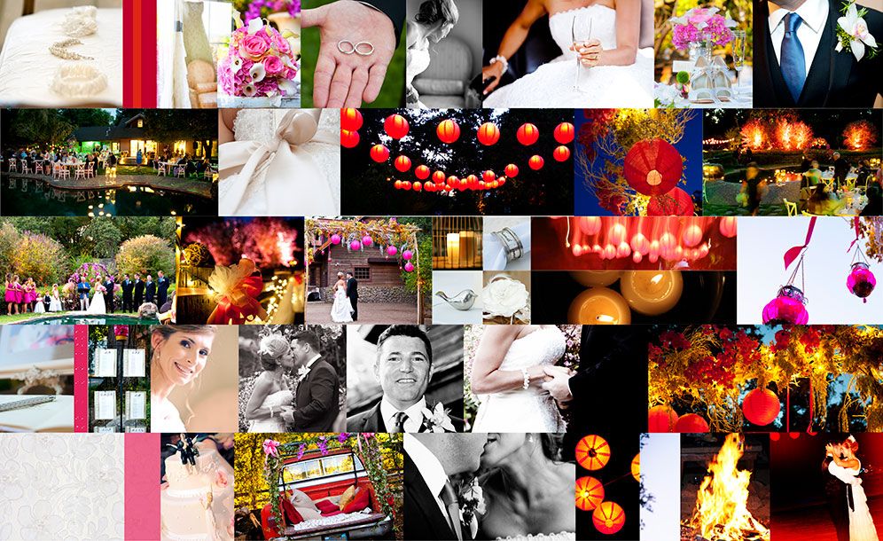 Wedding photo collage displaying various celebration moments and decorative elements.
