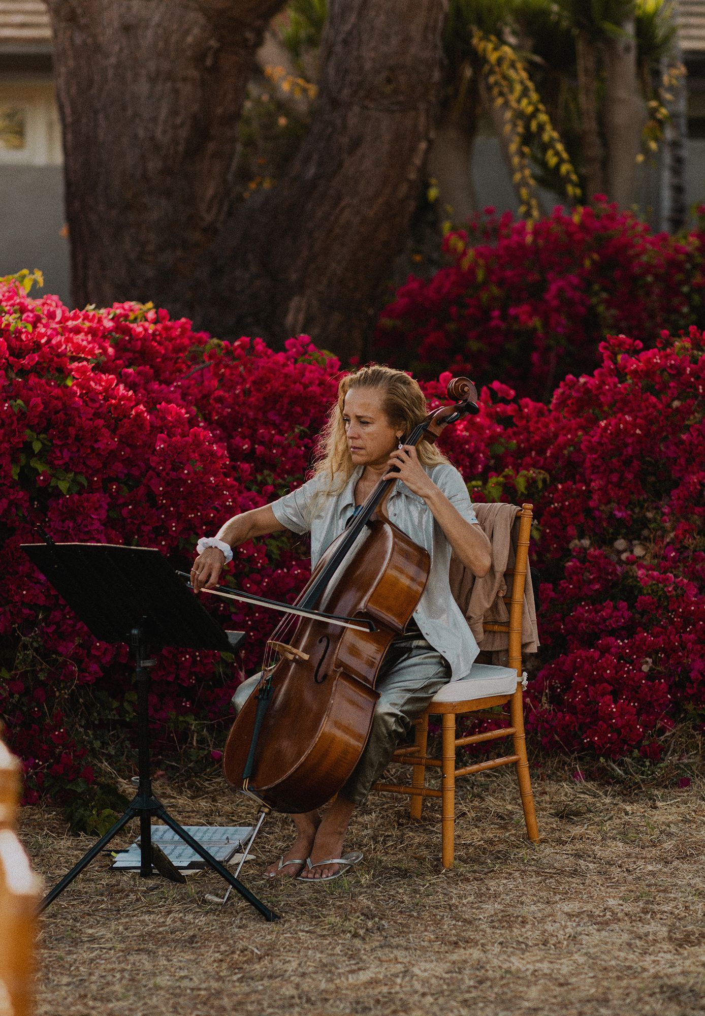 Cello player in front of flower bush at wedding ceremony