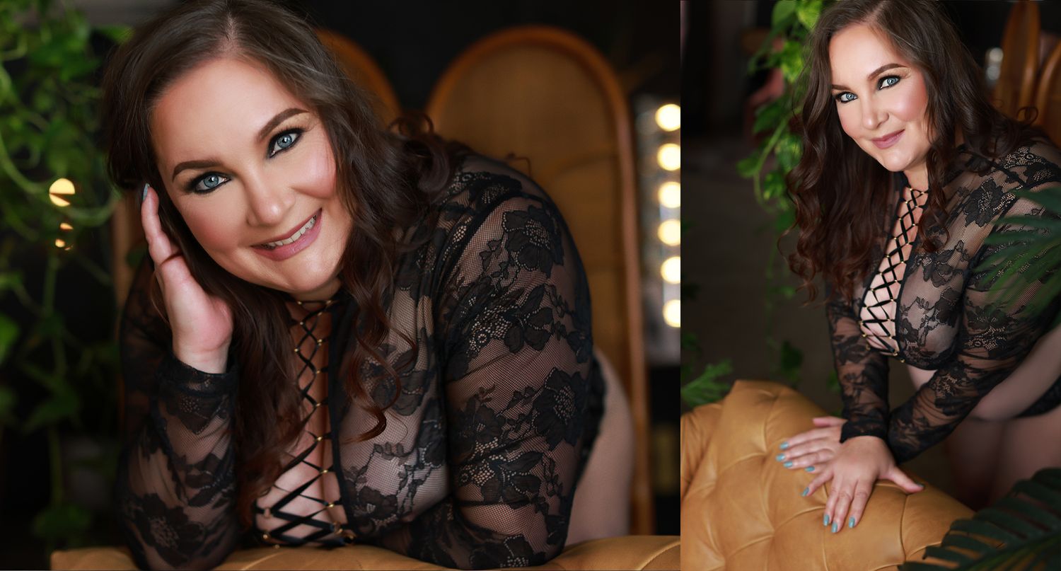 Portrait photos of someone in an elegant black lace top smiling warmly at the camera.