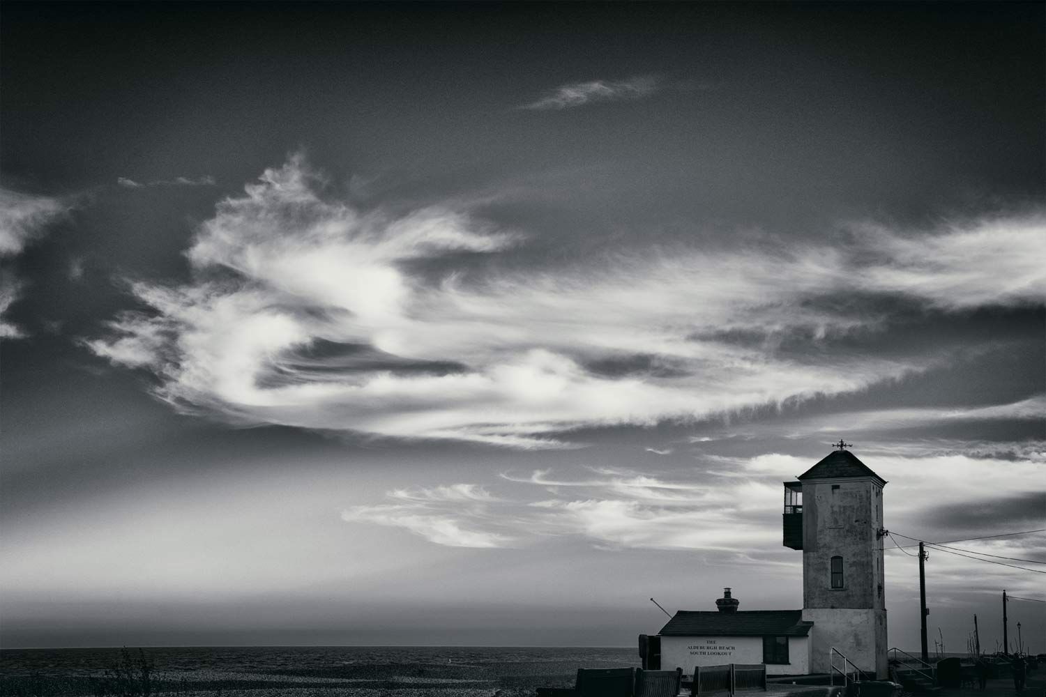 The South Lookout tower on the beach at Aldeburgh, Suffolk. Available as a fine art print from www.calvertfineart.co.uk