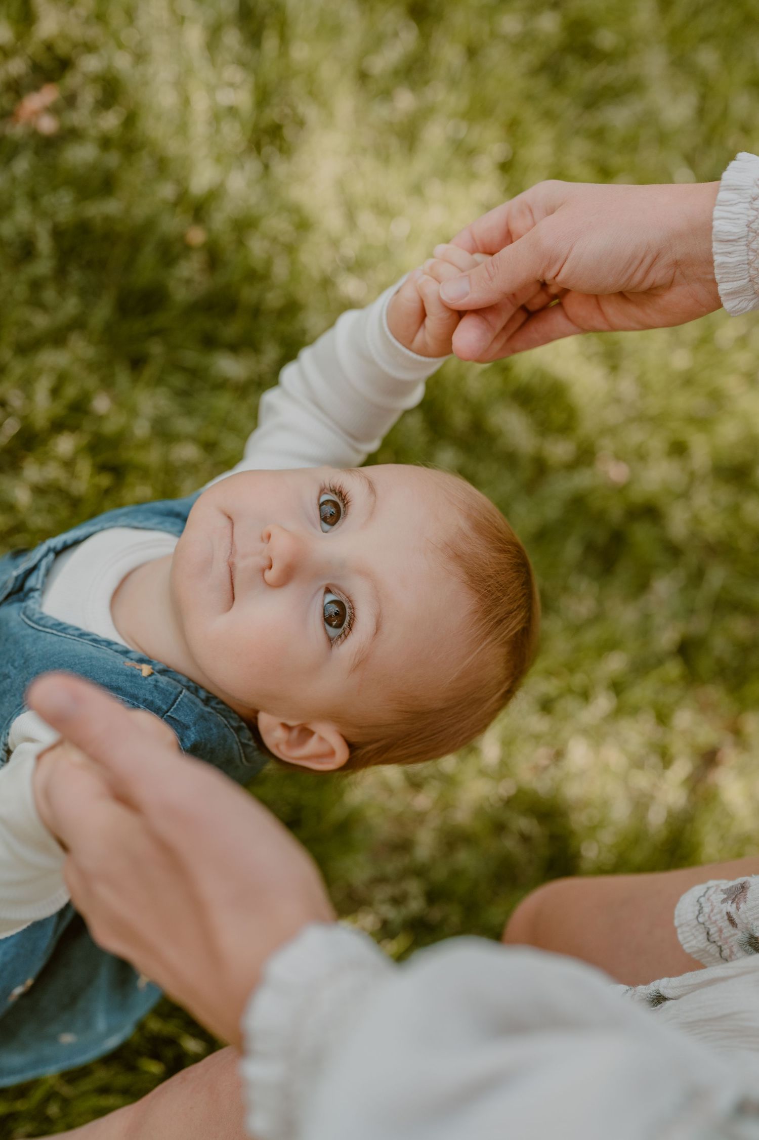 A small child in a blue outfit reaches up towards caring hands against a soft green outdoor background.