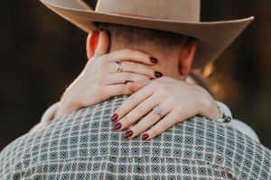 Close-up of hands with red nail polish embracing around a plaid shirt and cowboy hat.