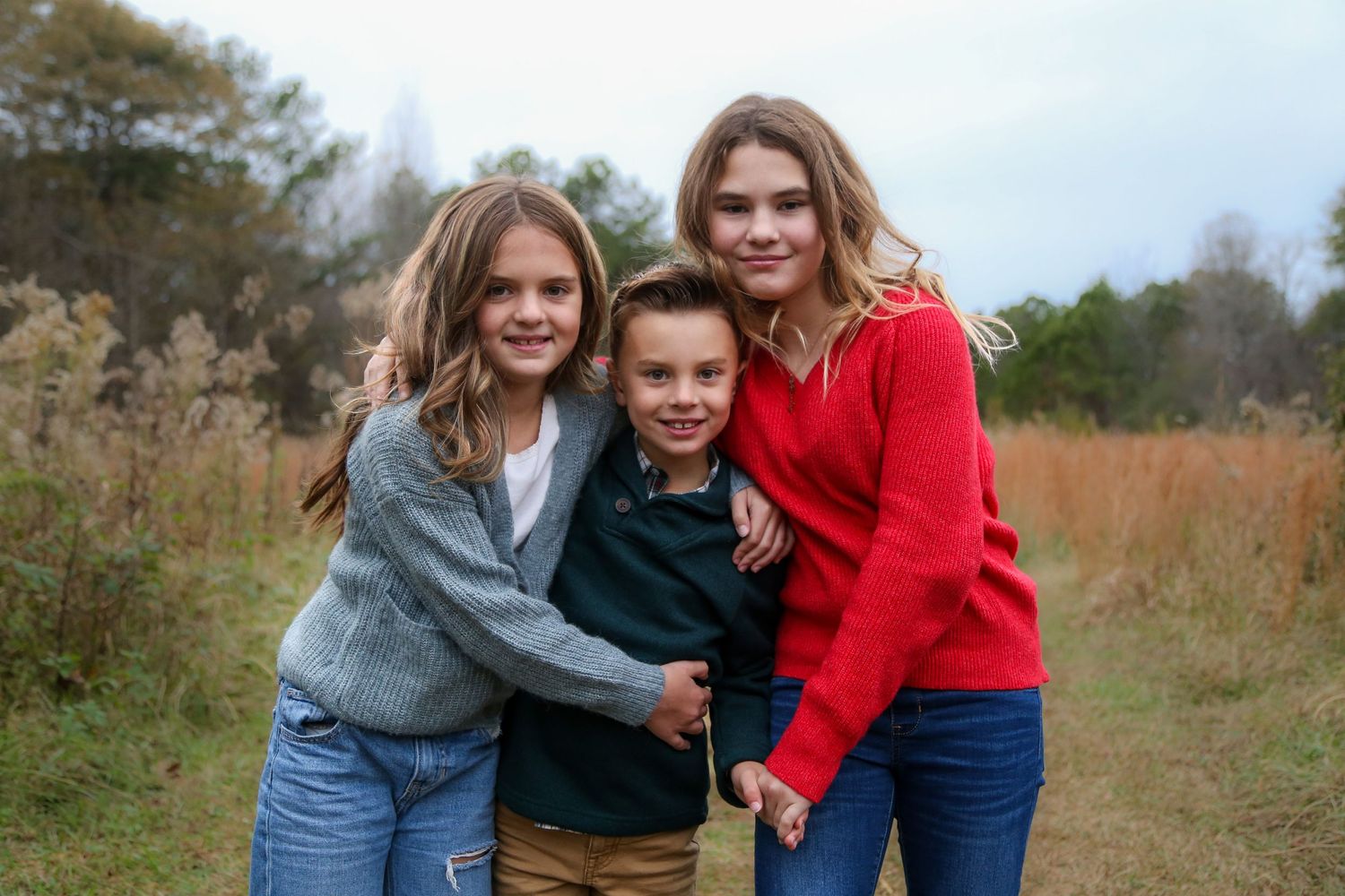 Fall sibling session during blue hour at Green Meadows Preserve in Marietta, GA.